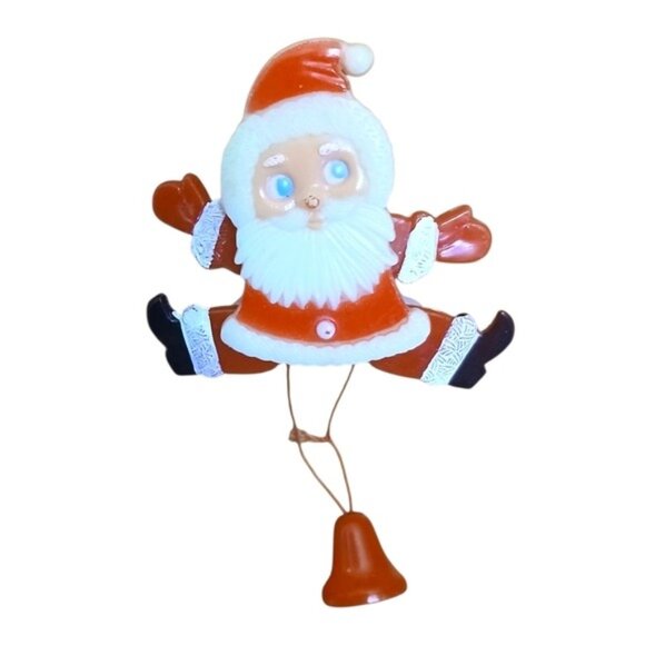 Vintage Plastic Christmas Santa Claus Jumping Jack Pull String Brooch Pin Red - Picture 4 of 4